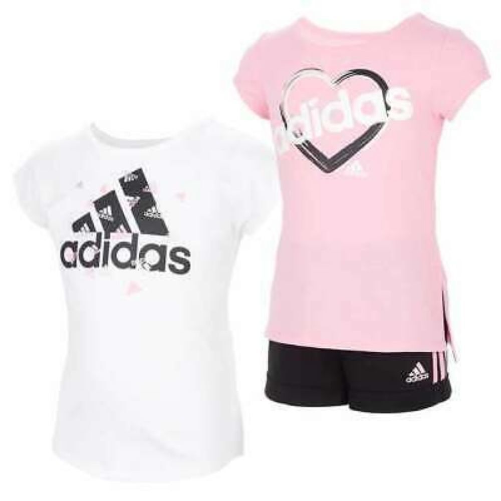 Girl's Adidas 3 Piece Set Tee Shirts and Shorts Pink White Black Size 4T